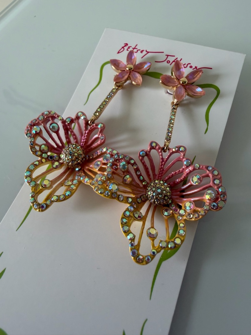 Betsey Johnson Colorful Floral Crystal Drop statement Earrings - Picture 2 of 4